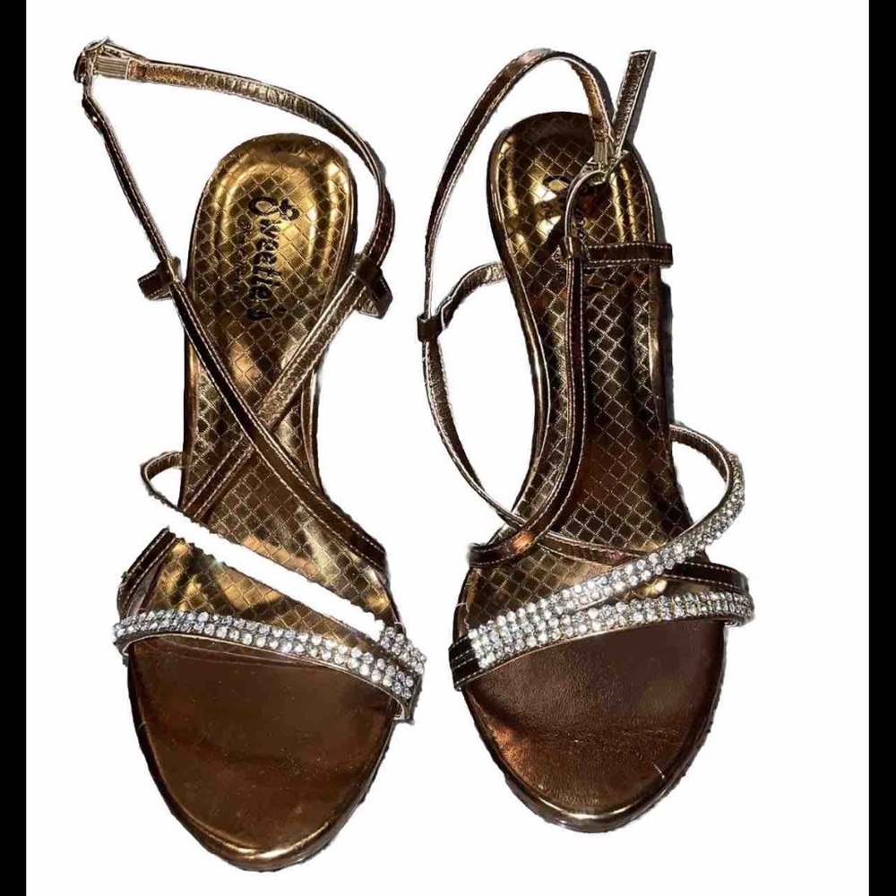 Sweeties Shoe Collections SZ 8, LAUREN, 4" heel Ankle Strap, Metallic Brown